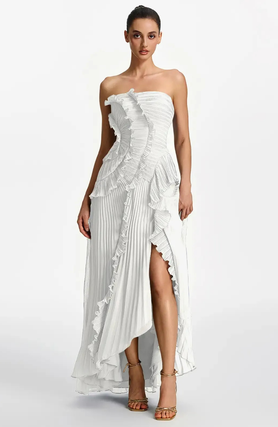 Vestido Largo de Invitada Palabra de Honor Plisado con Volantes
