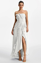Vestido Largo de Invitada Palabra de Honor Plisado con Volantes
