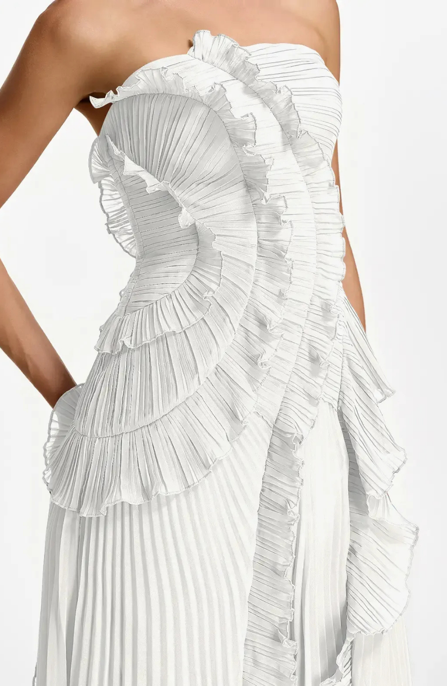 Vestido Largo de Invitada Palabra de Honor Plisado con Volantes