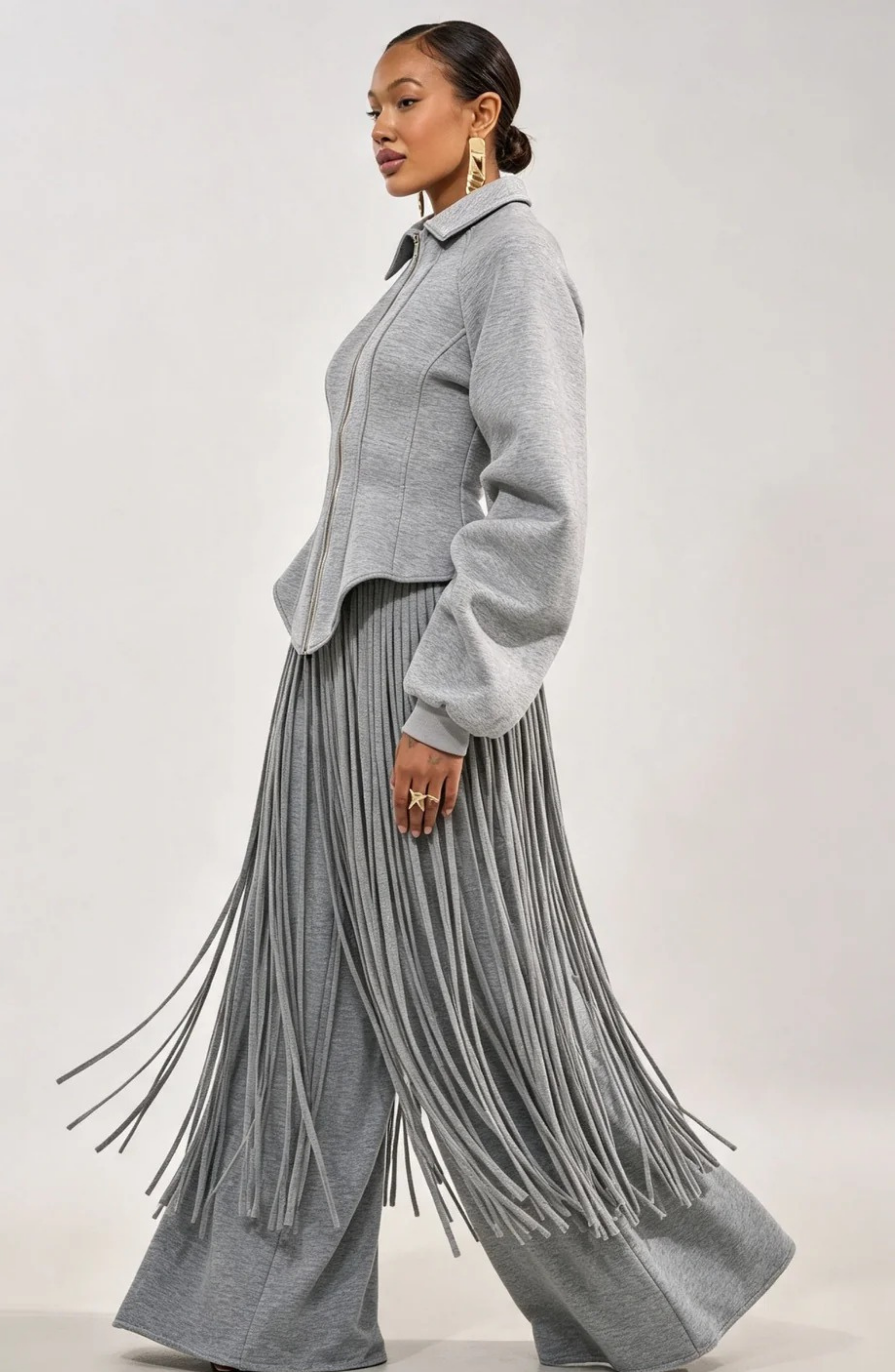 Conjunto de Chaqueta con Cremallera y Pantalón de Pierna Ancha