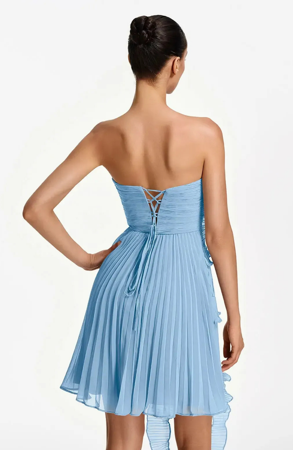Vestido Corto Palabra de Honor Plisado con Volantes