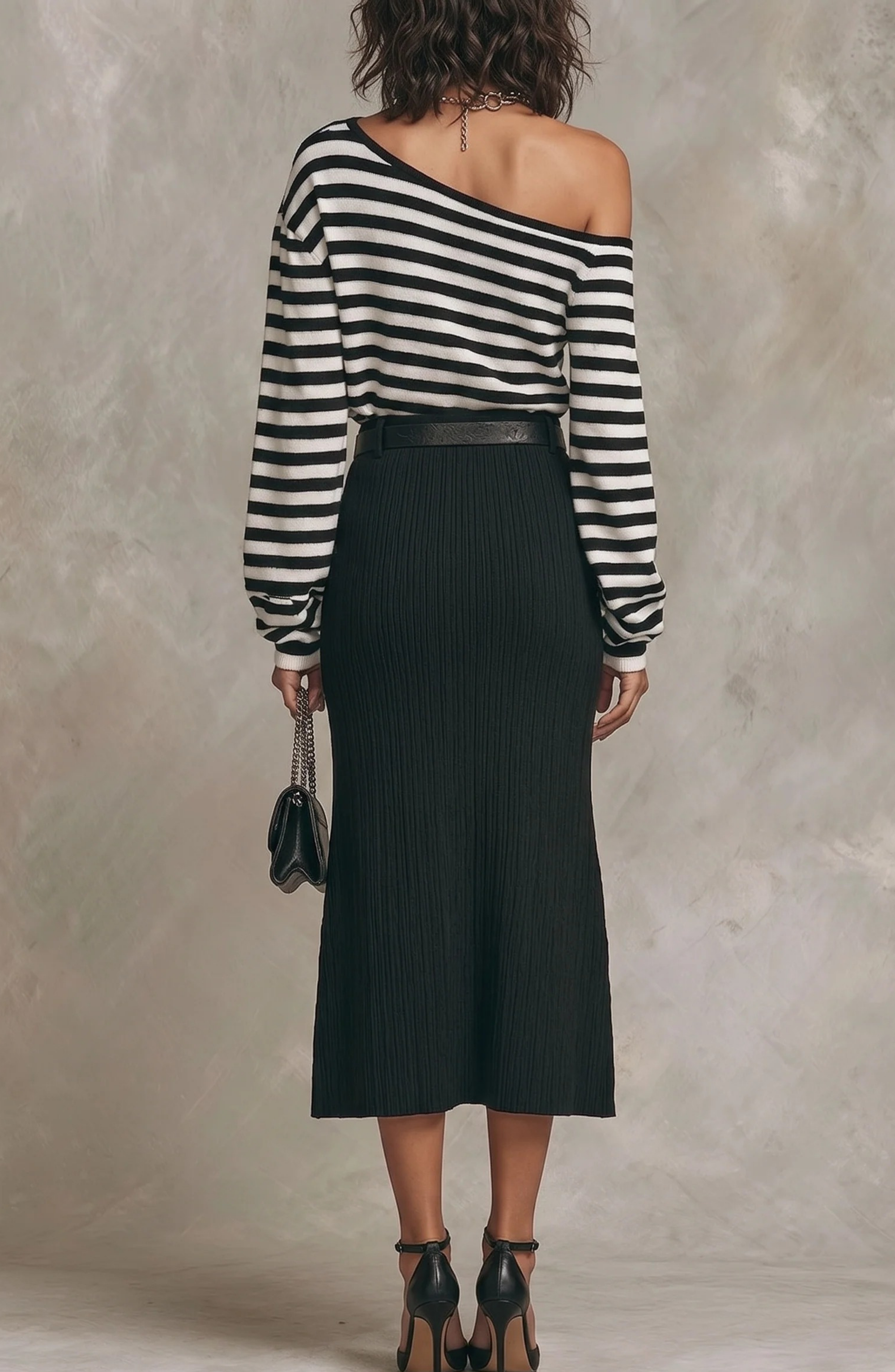 Conjunto de Top Bardot a Rayas y Falda Larga