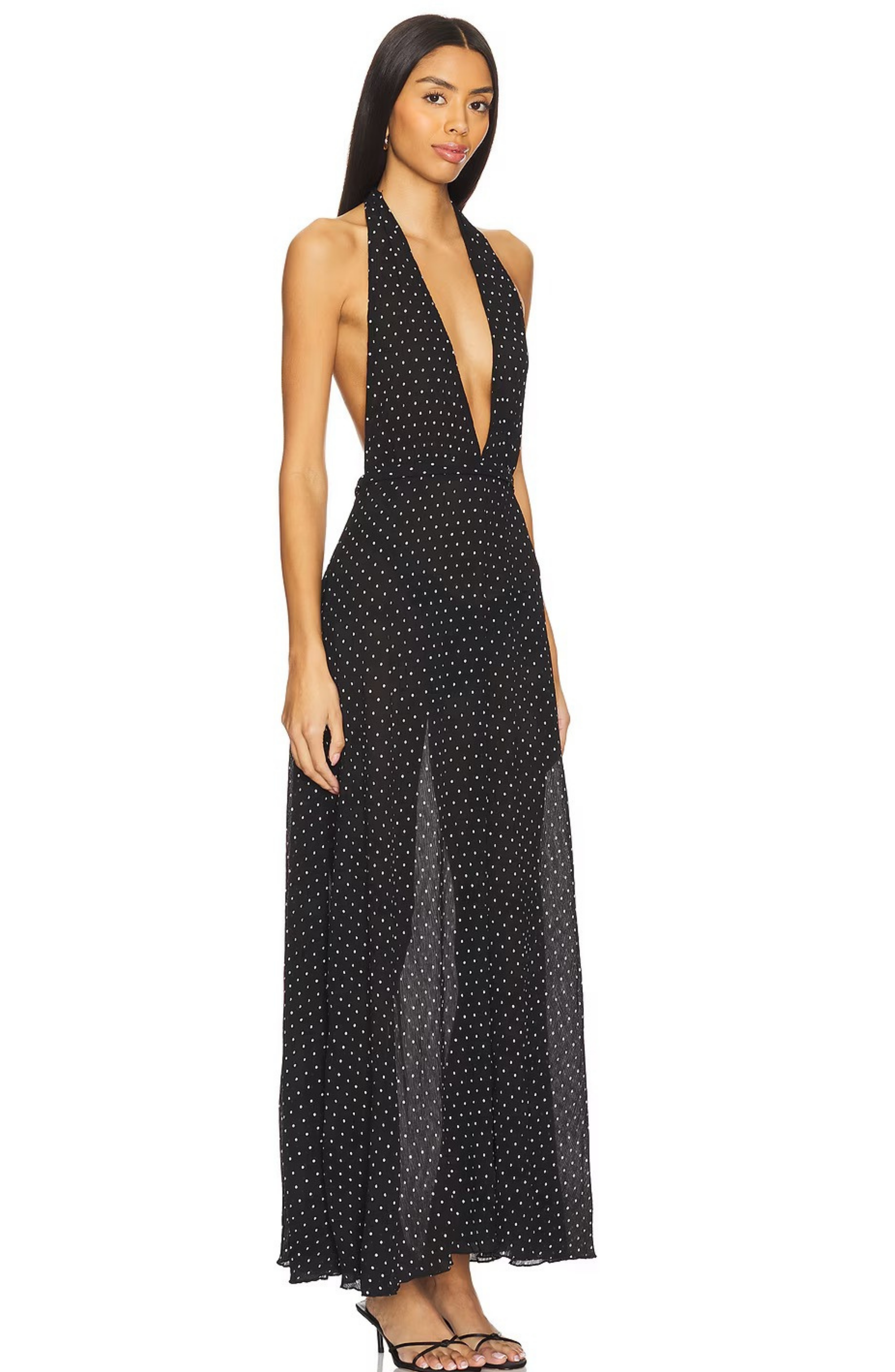 Vestido Largo de Lunares con Cuello Halter y Escote en V Profundo