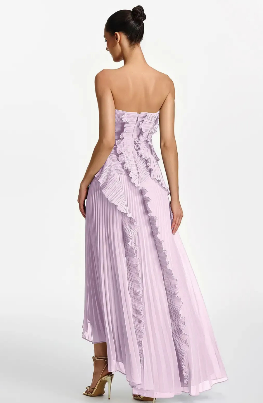 Vestido Largo de Invitada Palabra de Honor Plisado con Volantes