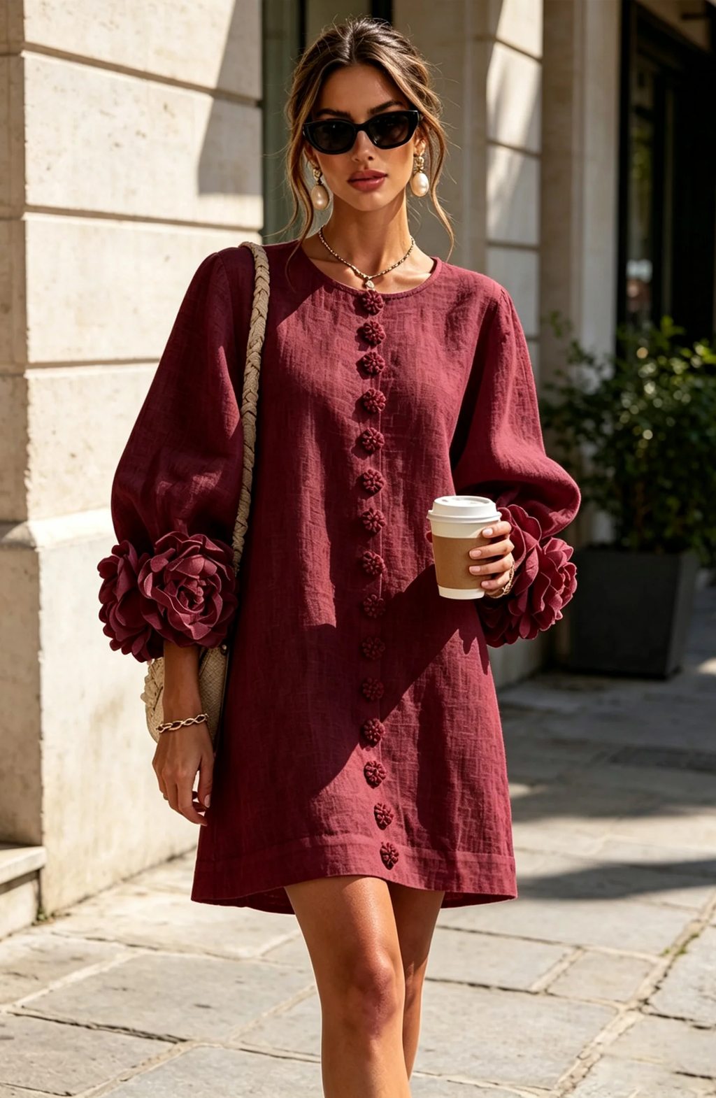 Vestido Corto Abotonado con Mangas de Flores en Relieve