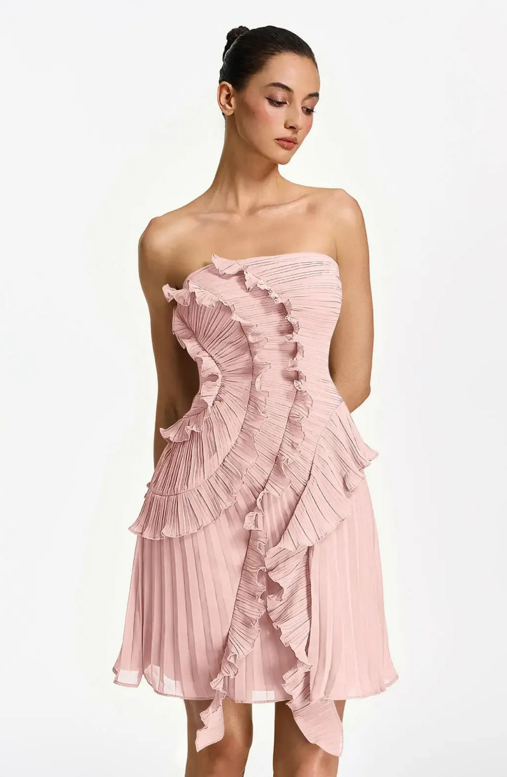 Vestido Corto Palabra de Honor Plisado con Volantes