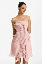 Vestido Corto Palabra de Honor Plisado con Volantes