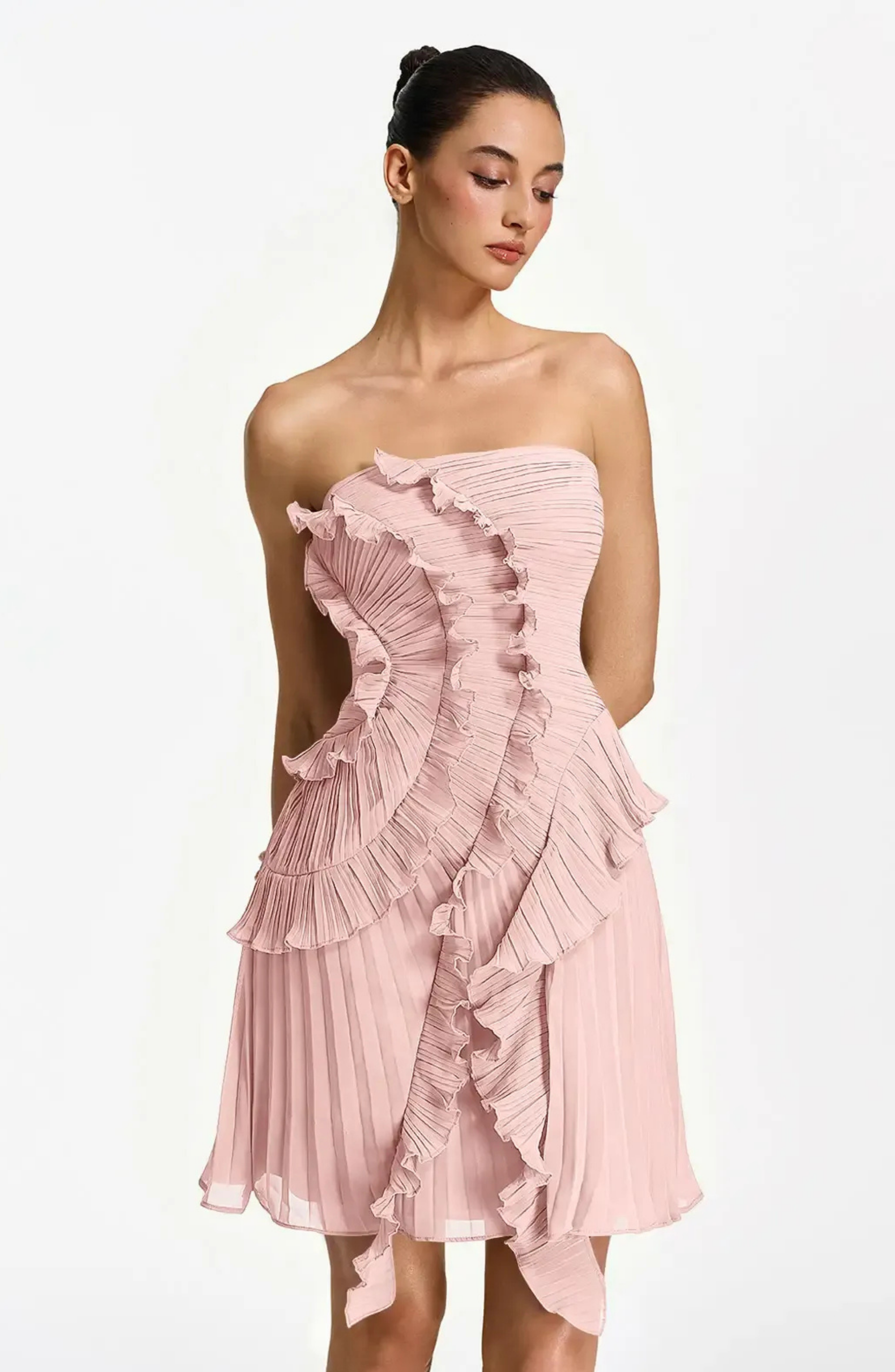 Vestido Corto Palabra de Honor Plisado con Volantes