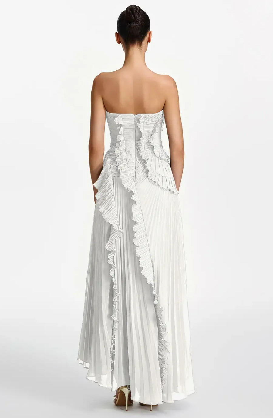 Vestido Largo de Invitada Palabra de Honor Plisado con Volantes