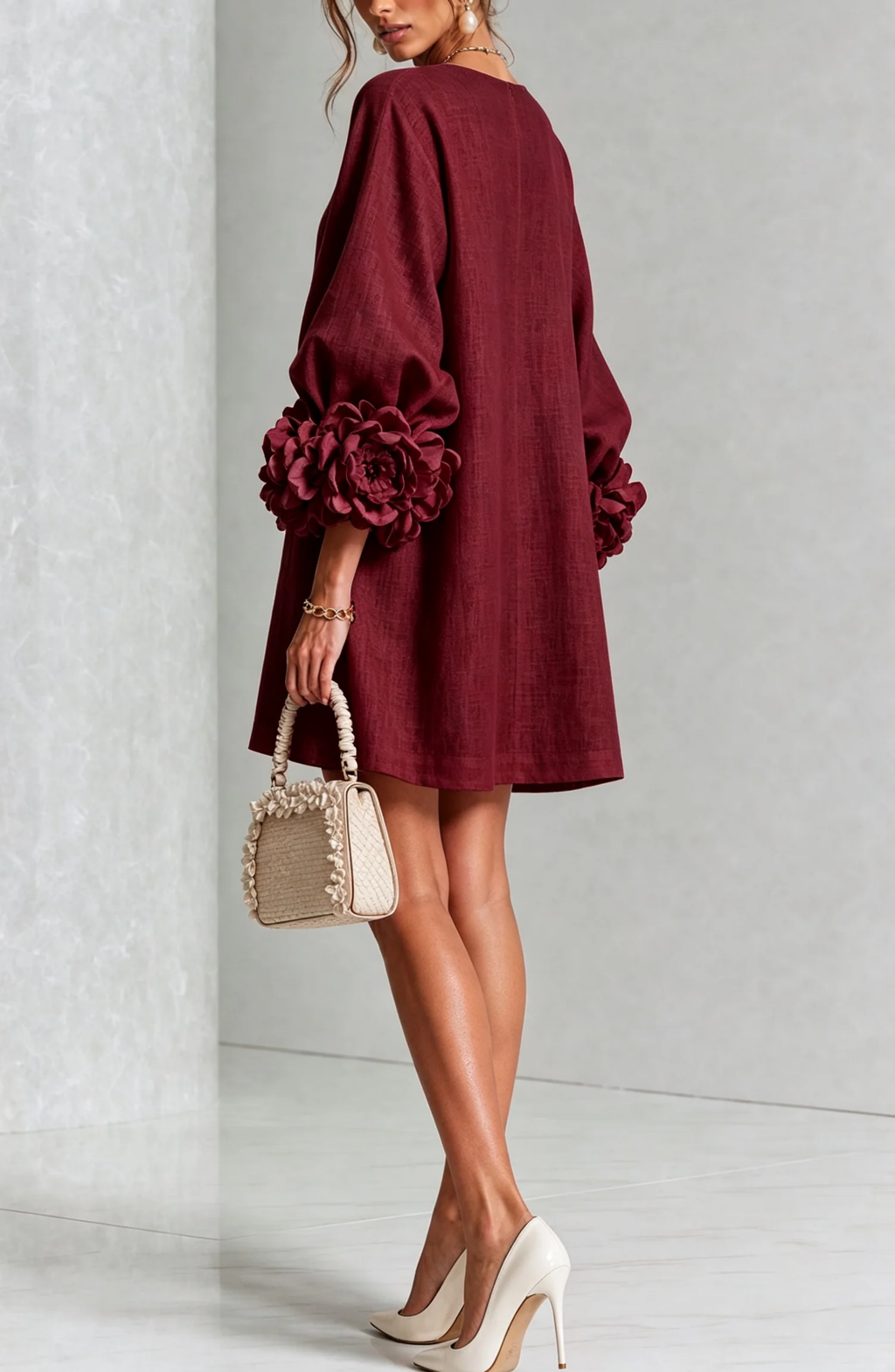 Vestido Corto Abotonado con Mangas de Flores en Relieve