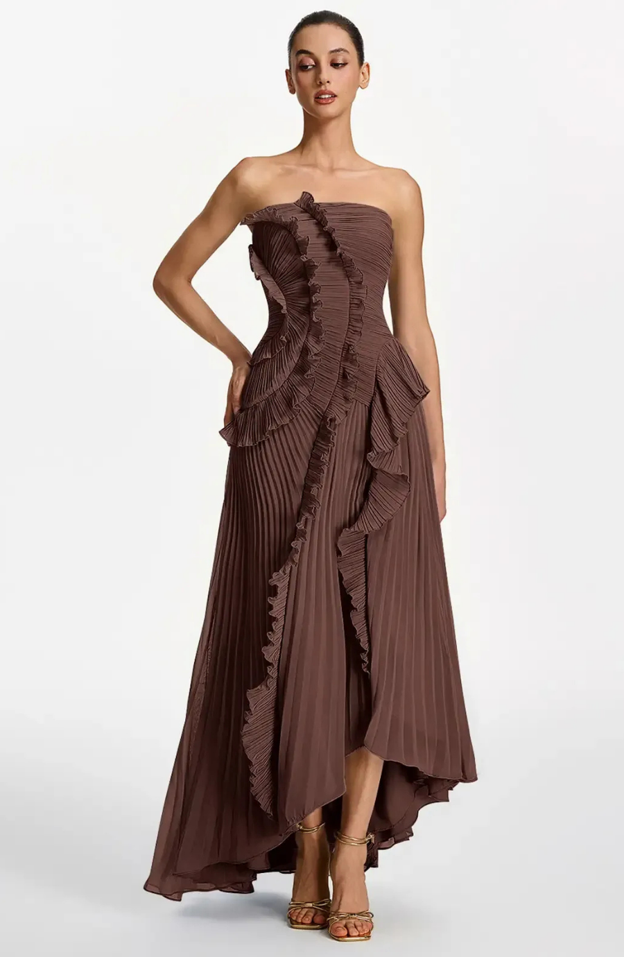 Vestido Largo de Invitada Palabra de Honor Plisado con Volantes