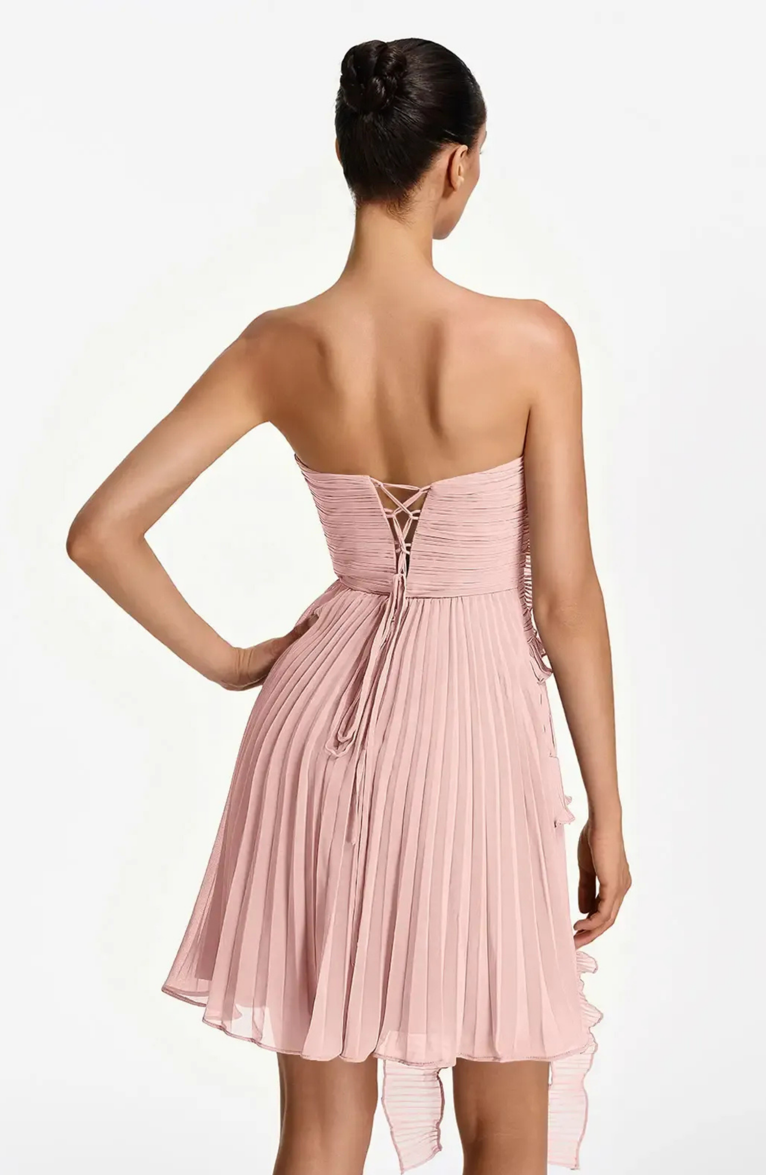 Vestido Corto Palabra de Honor Plisado con Volantes
