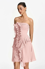 Vestido Corto Palabra de Honor Plisado con Volantes