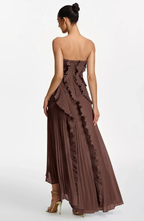 Vestido Largo de Invitada Palabra de Honor Plisado con Volantes
