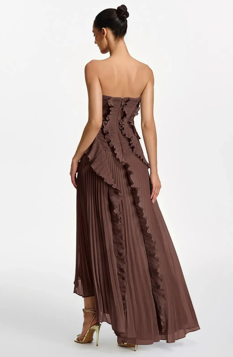 Vestido Largo de Invitada Palabra de Honor Plisado con Volantes