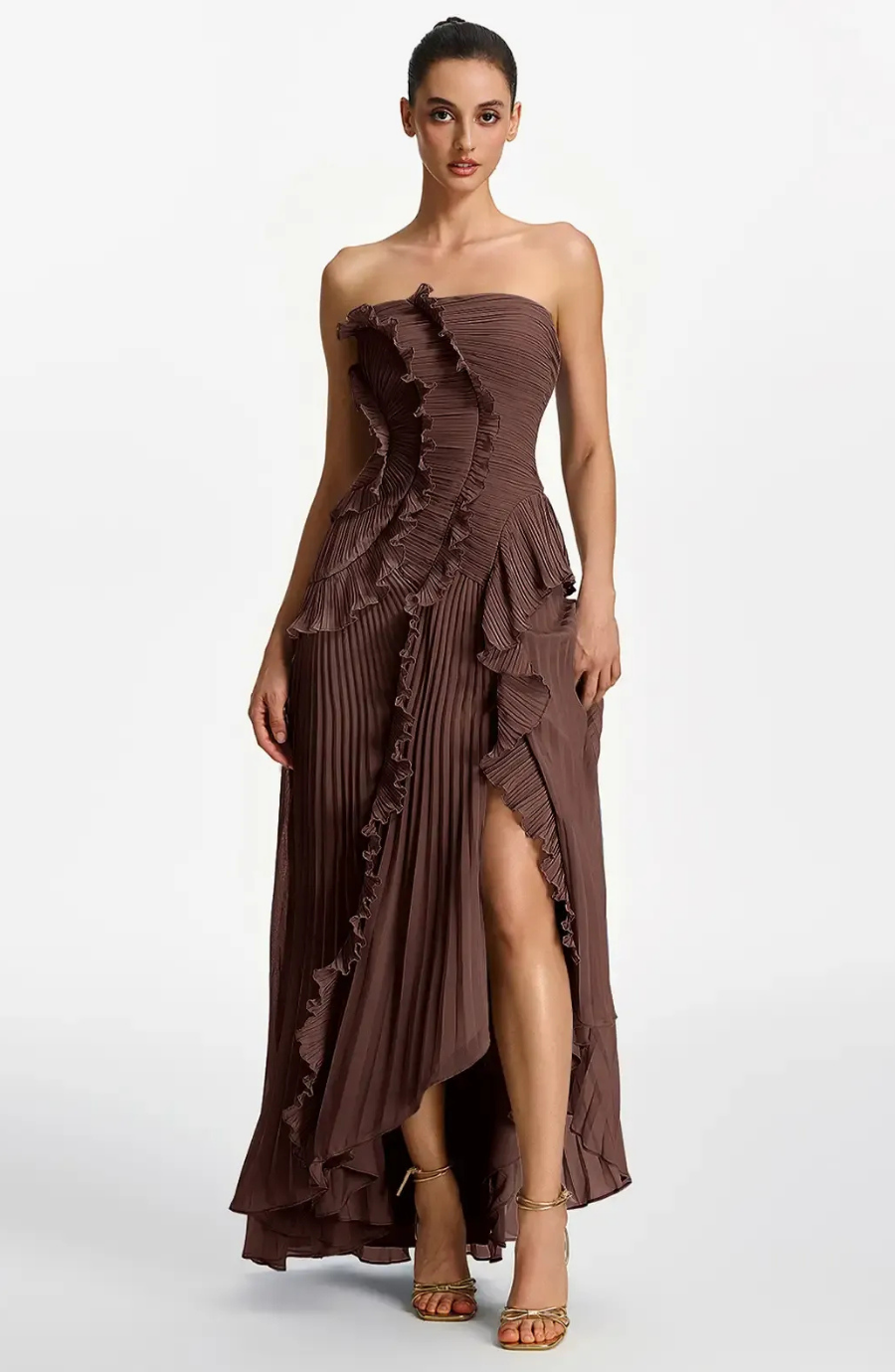 Vestido Largo de Invitada Palabra de Honor Plisado con Volantes