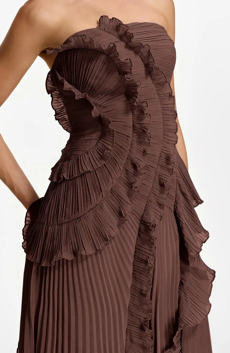 Vestido Largo de Invitada Palabra de Honor Plisado con Volantes