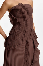 Vestido Largo de Invitada Palabra de Honor Plisado con Volantes