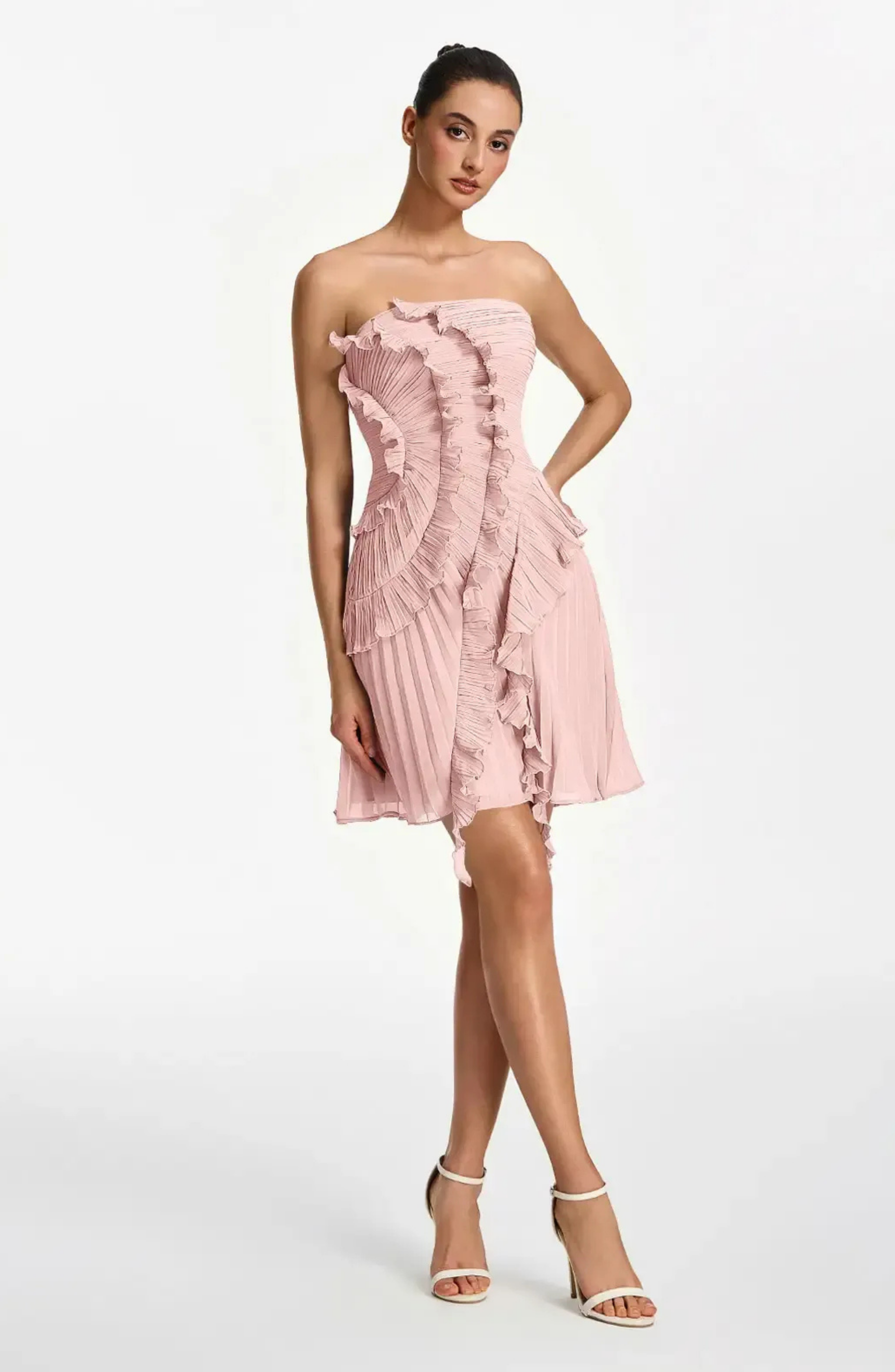 Vestido Corto Palabra de Honor Plisado con Volantes