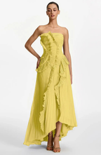 Vestido Largo de Invitada Palabra de Honor Plisado con Volantes