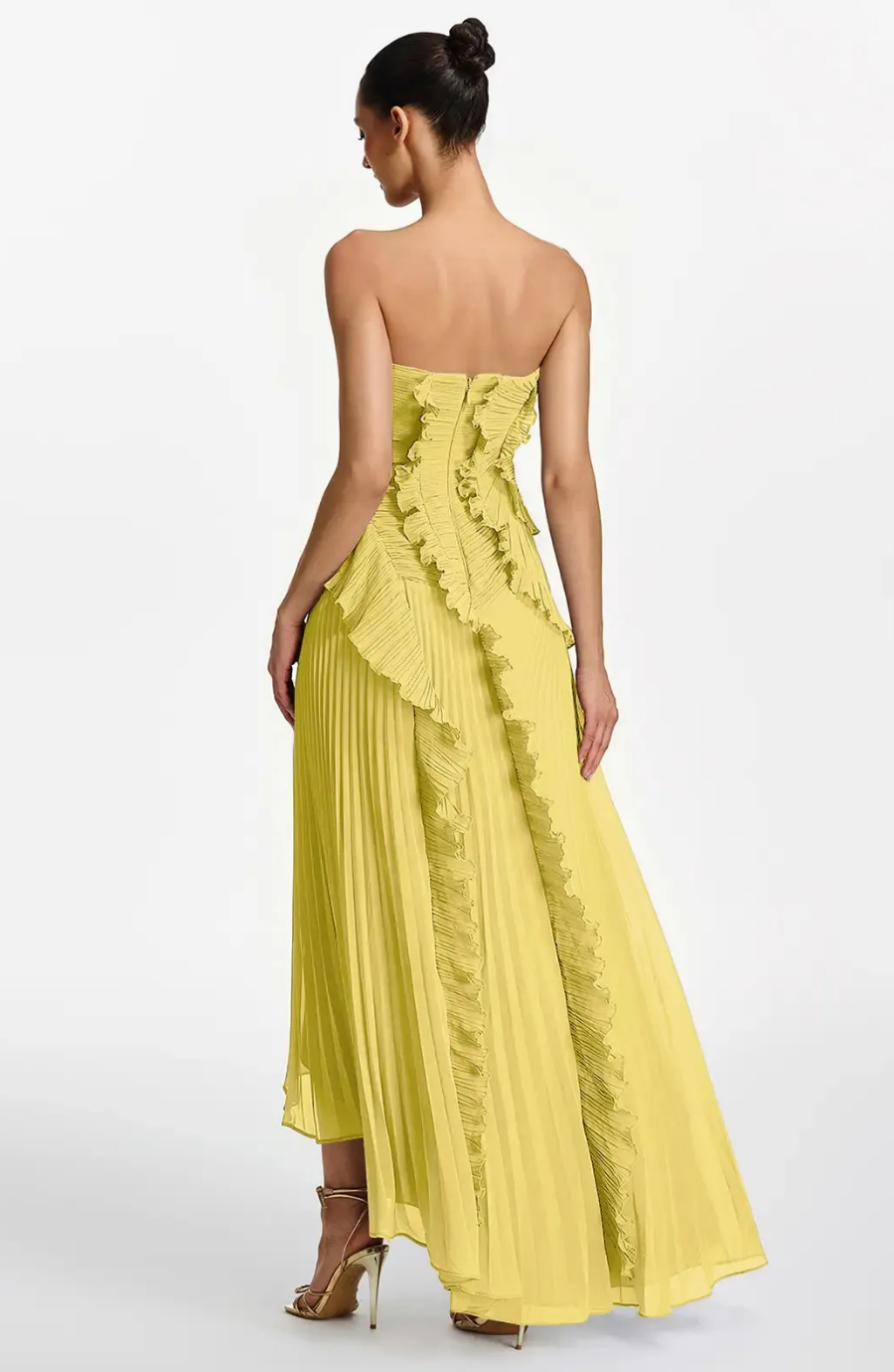 Vestido Largo de Invitada Palabra de Honor Plisado con Volantes