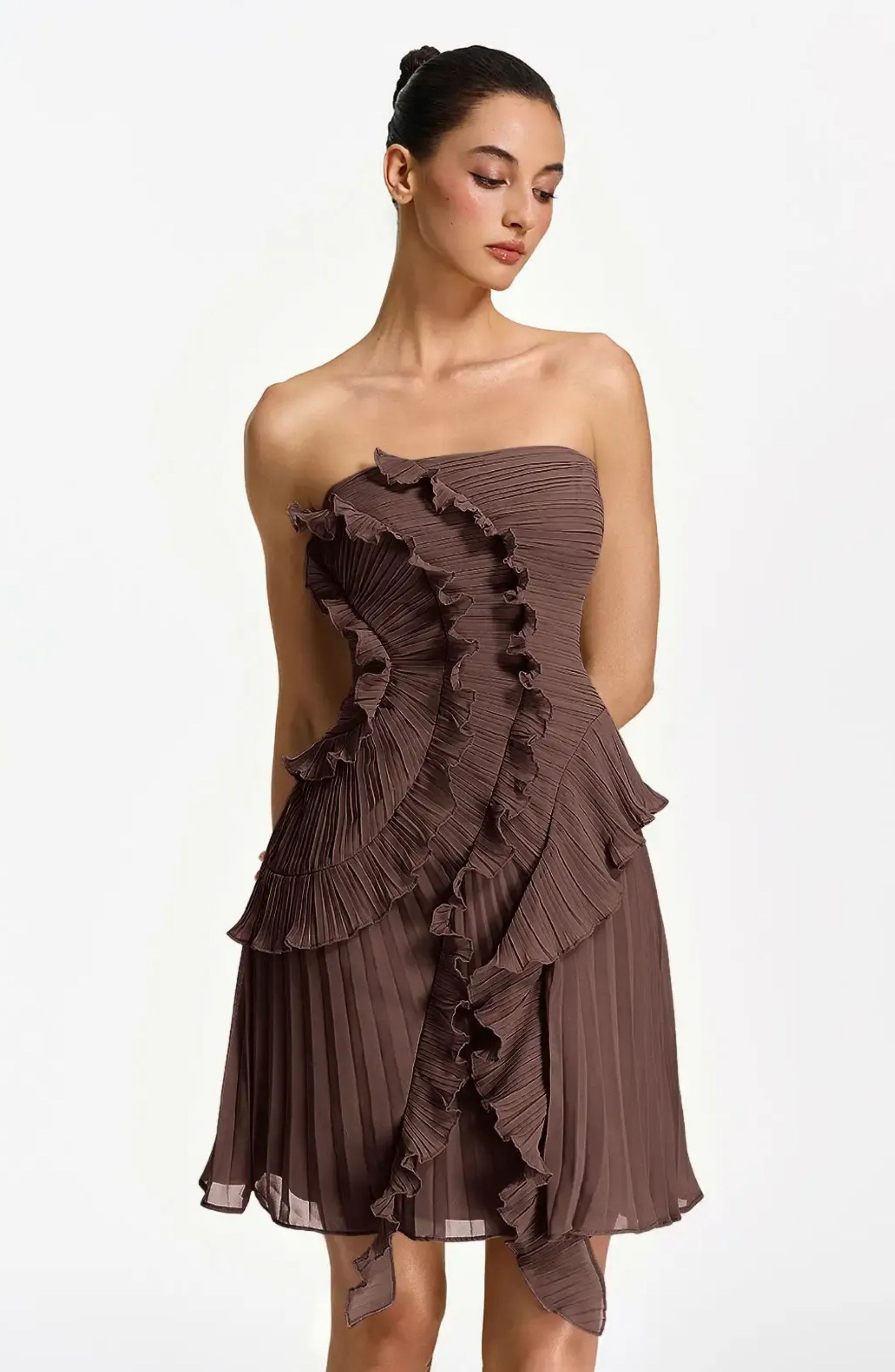 Vestido Corto Palabra de Honor Plisado con Volantes