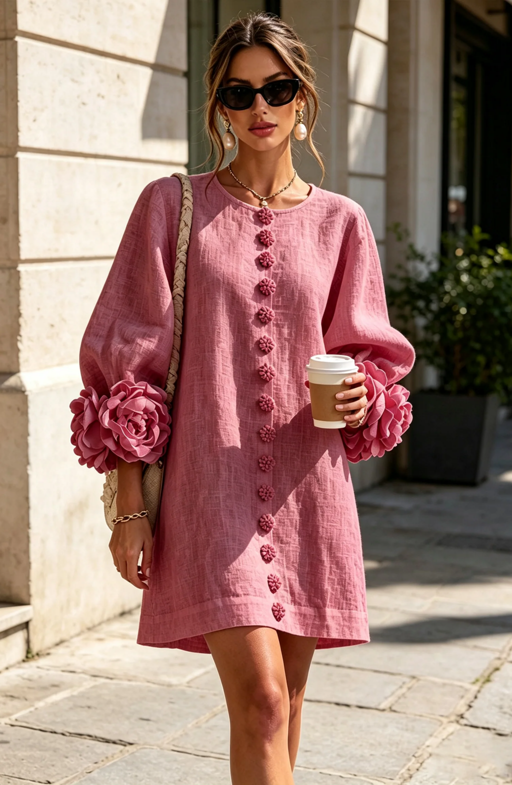 Vestido Corto Abotonado con Mangas de Flores en Relieve