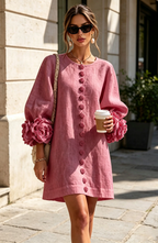 Vestido Corto Abotonado con Mangas de Flores en Relieve