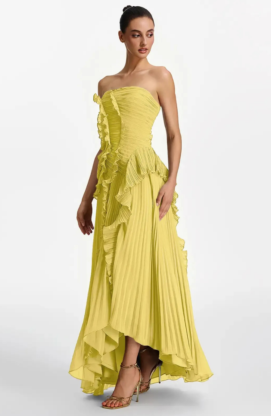 Vestido Largo de Invitada Palabra de Honor Plisado con Volantes