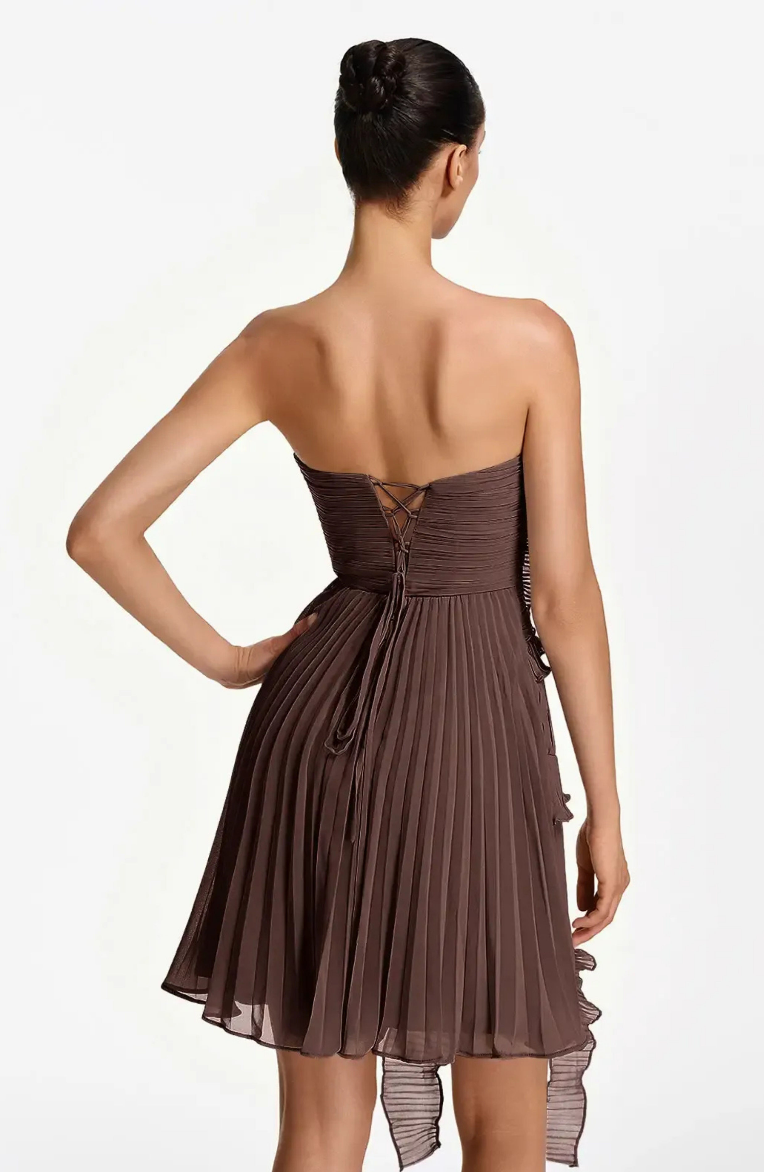 Vestido Corto Palabra de Honor Plisado con Volantes