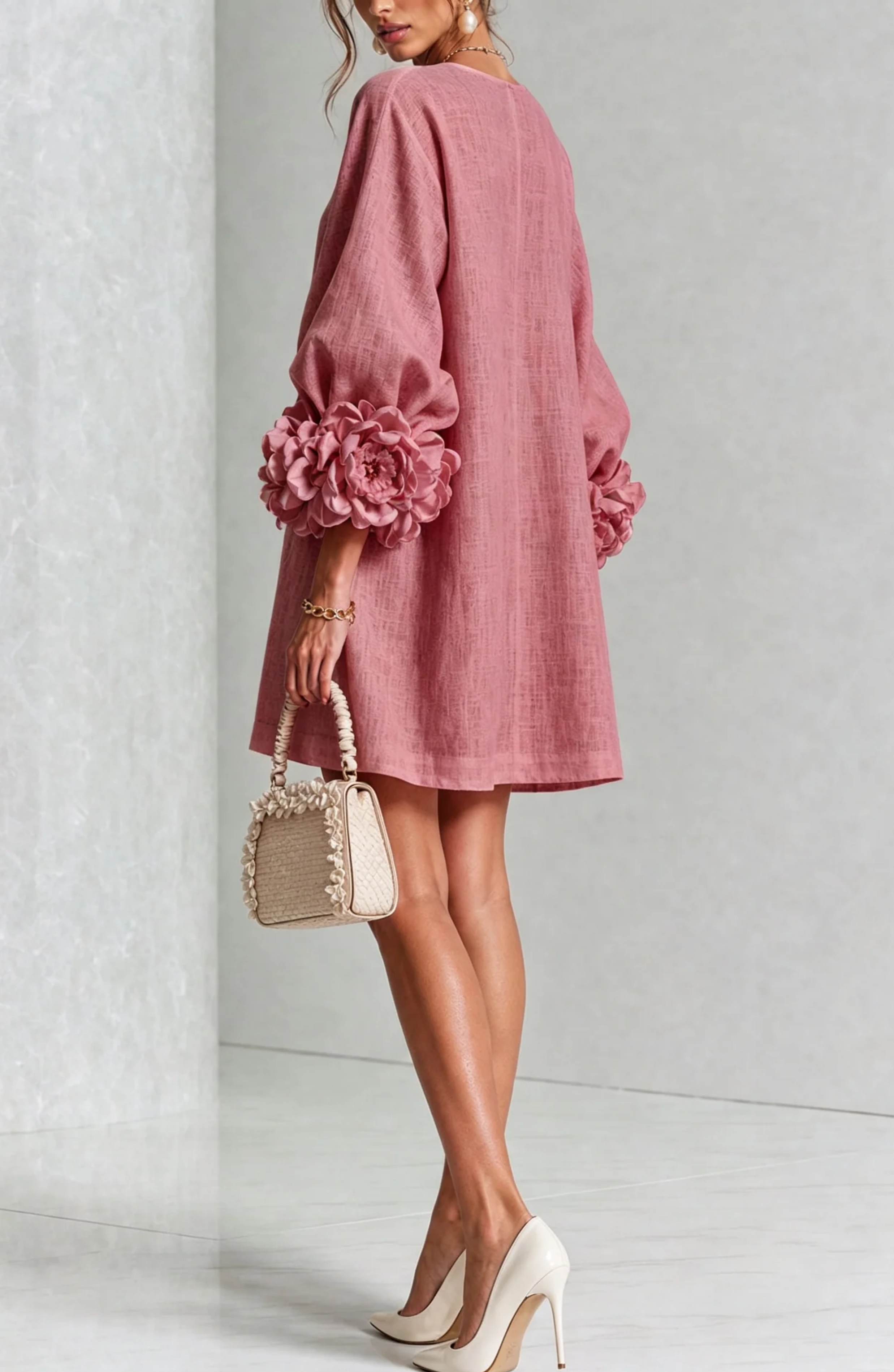 Vestido Corto Abotonado con Mangas de Flores en Relieve