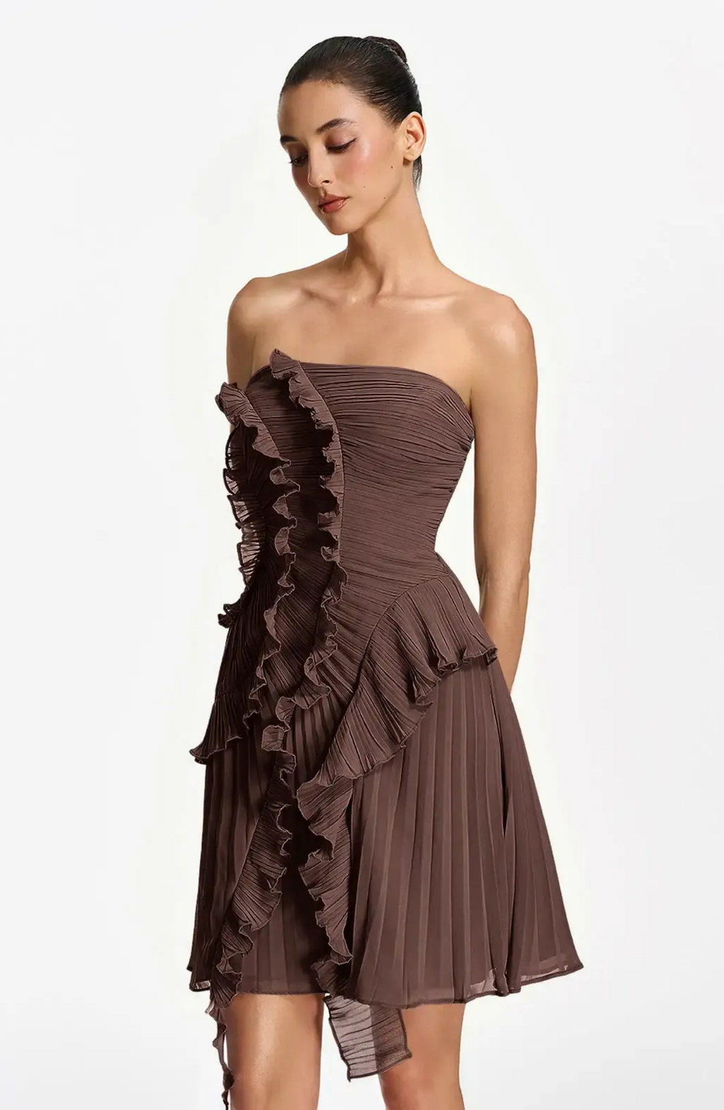 Vestido Corto Palabra de Honor Plisado con Volantes