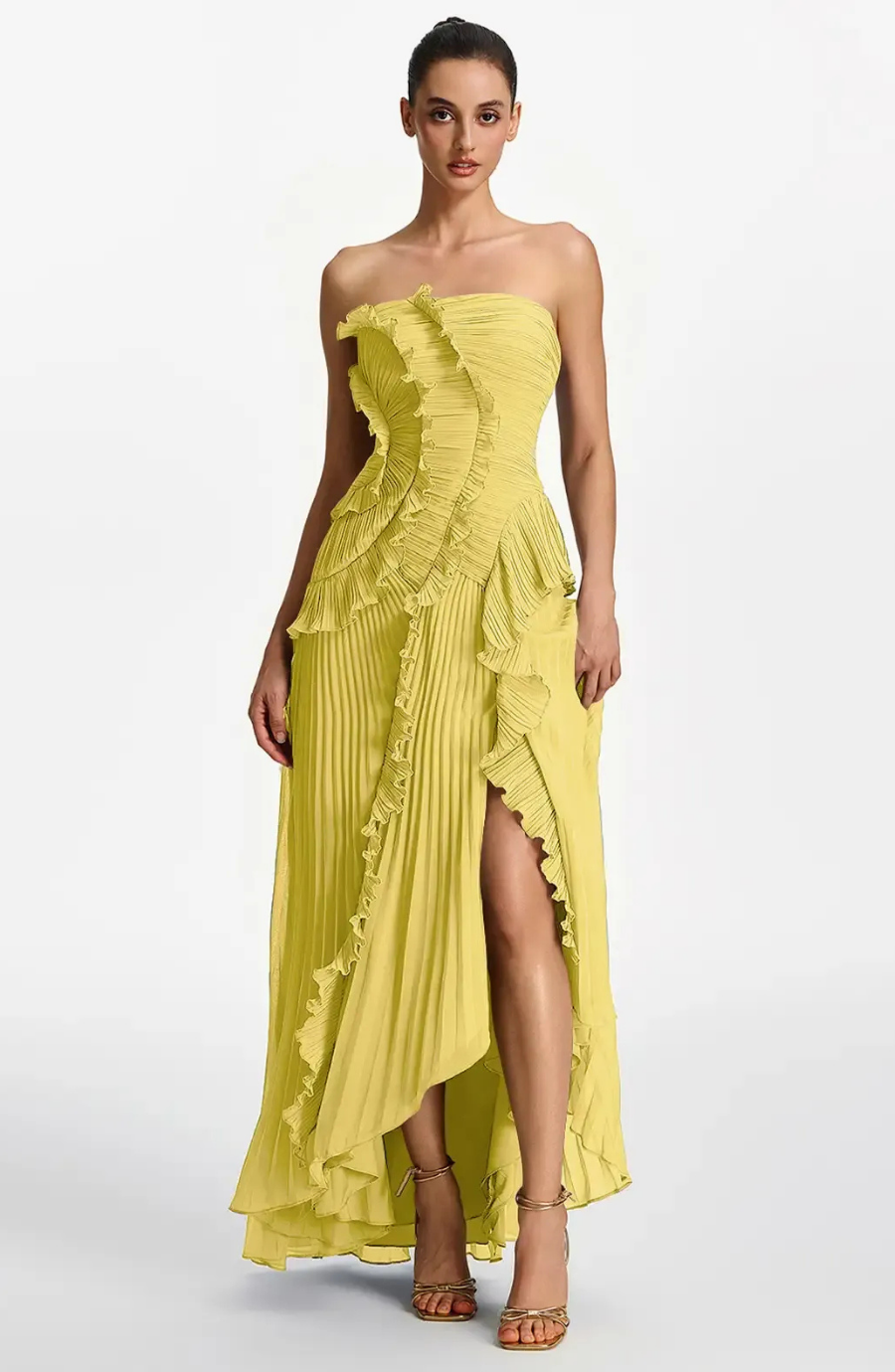 Vestido Largo de Invitada Palabra de Honor Plisado con Volantes