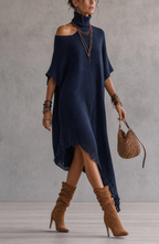 Vestido de Punto Drapeado con Cuello Alto y Hombros Descubiertos