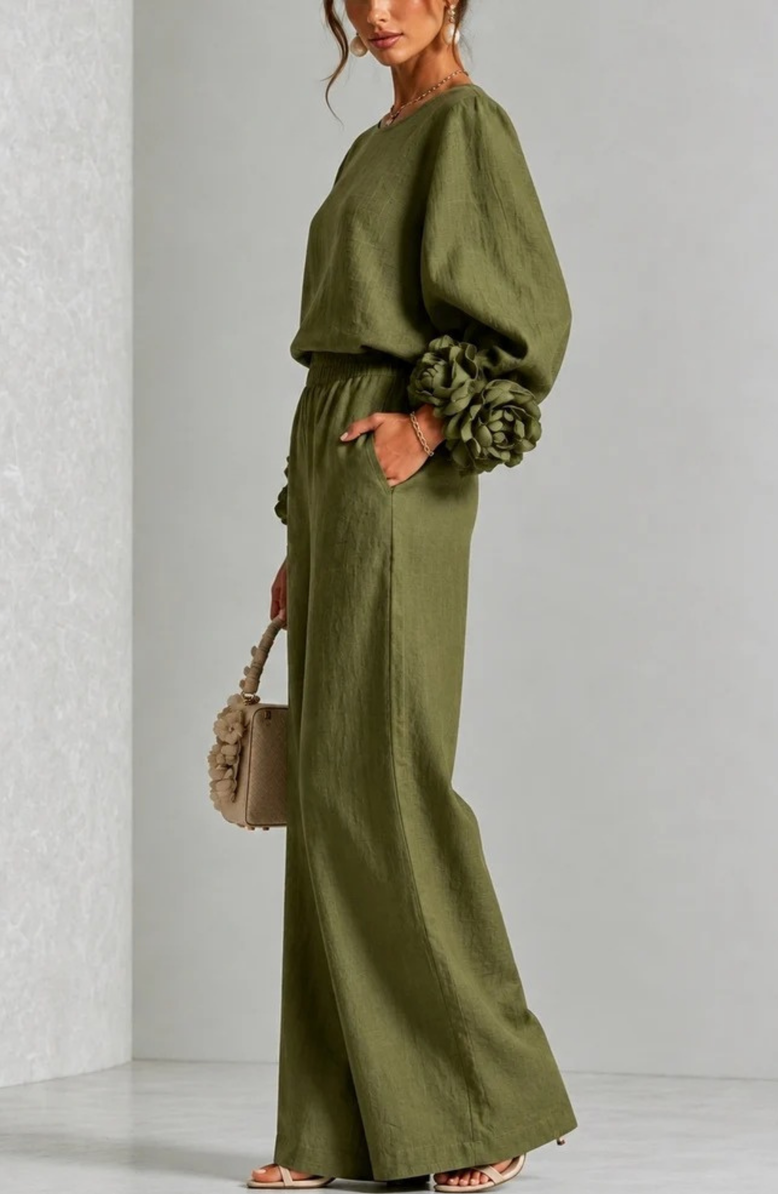 Conjunto de Top de Manga Larga y Pantalón de Pierna Ancha