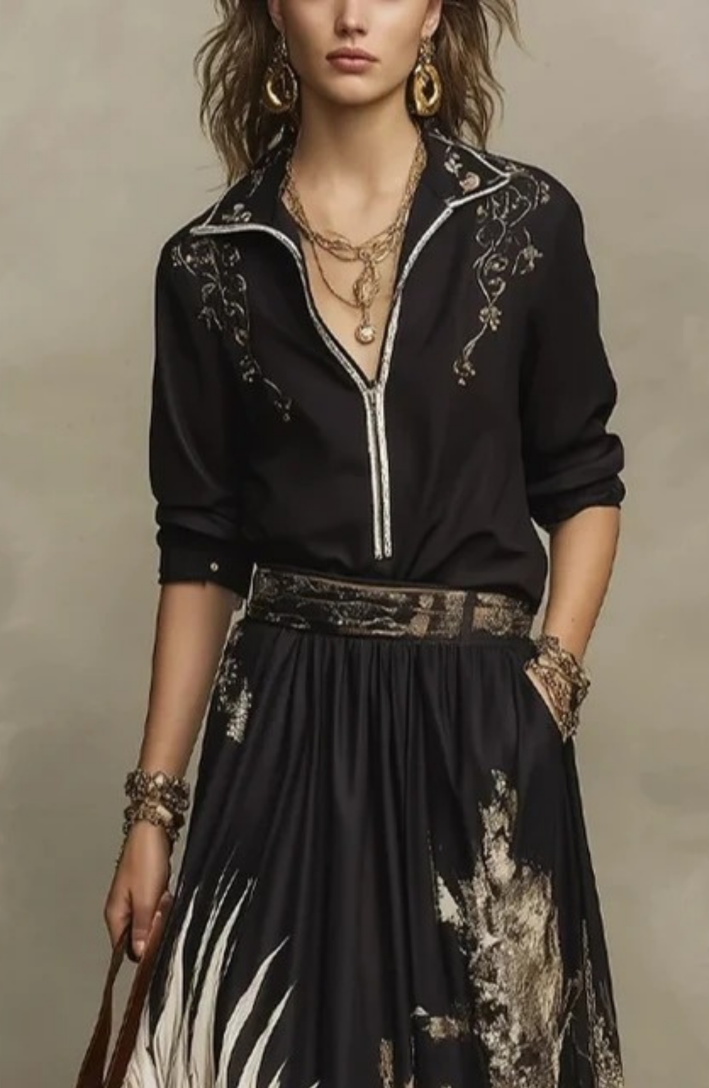 Conjunto Estampado de Chaqueta con Cremallera y Falda Larga