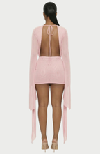 Vestido Corto Drapeado con Escote en V Profundo y Mangas Acampanadas