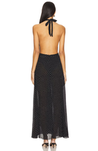 Vestido Largo de Lunares con Cuello Halter y Escote en V Profundo