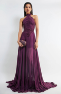 Vestido Largo Drapeado con Cuello Halter y Falda Fluida