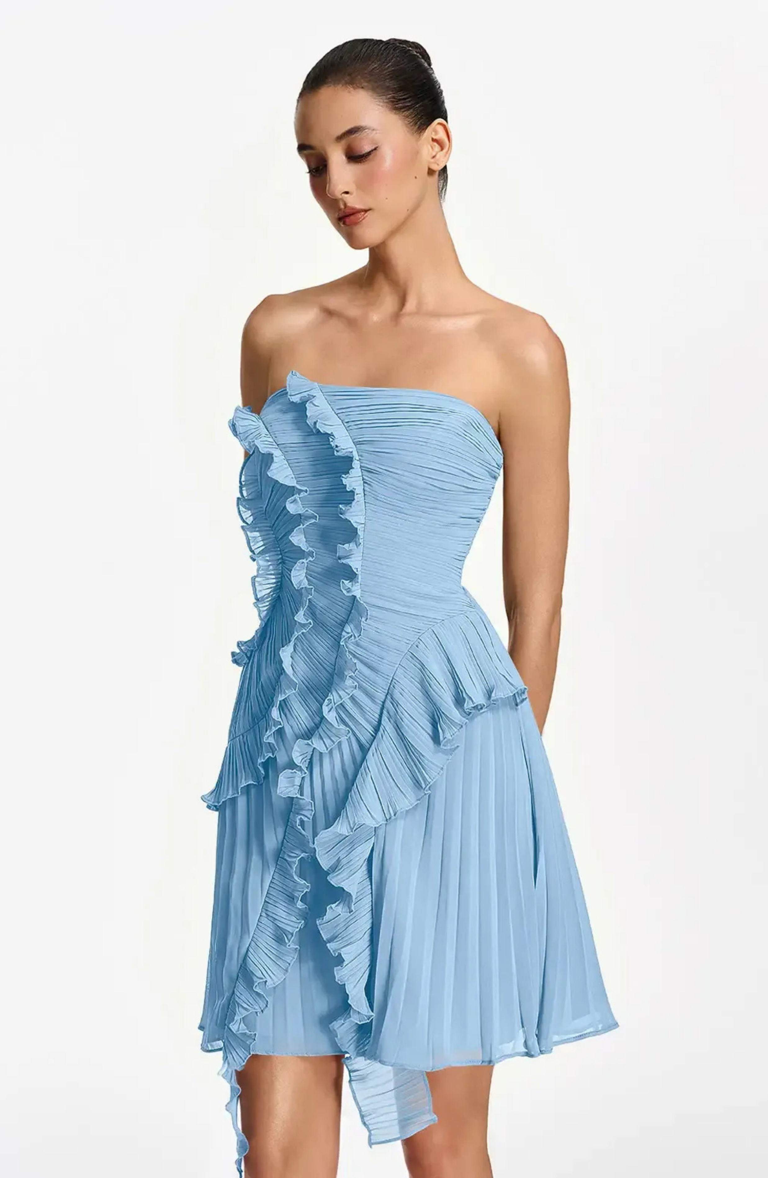 Vestido Corto Palabra de Honor Plisado con Volantes