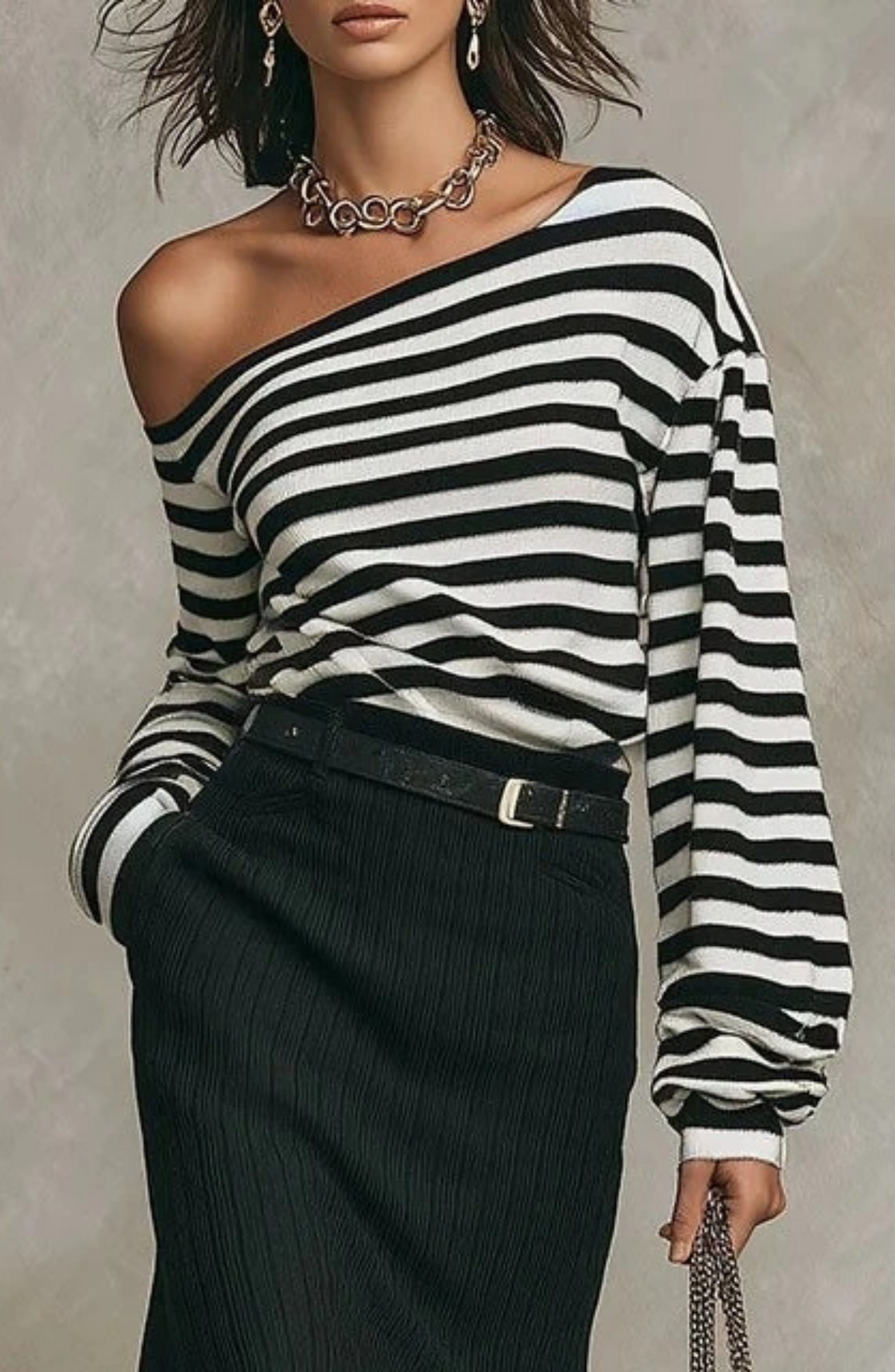 Conjunto de Top Bardot a Rayas y Falda Larga