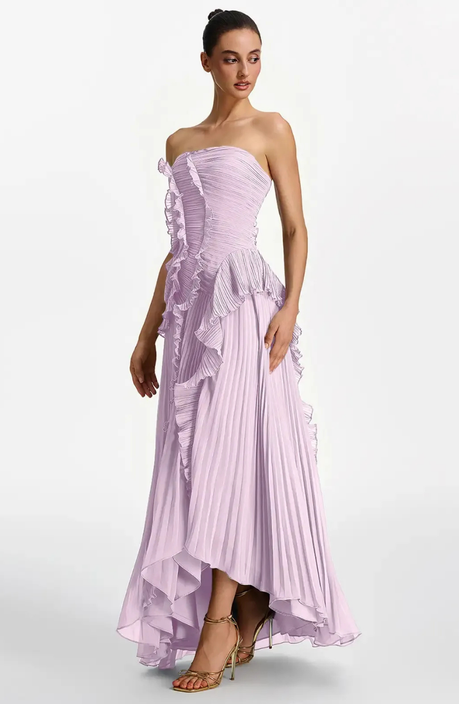 Vestido Largo de Invitada Palabra de Honor Plisado con Volantes