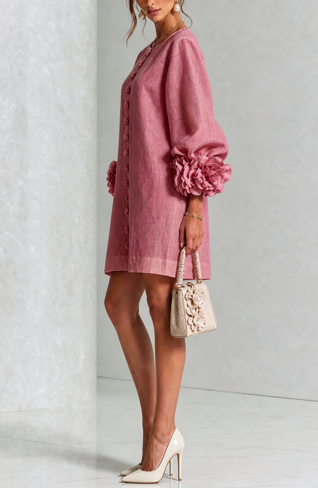 Vestido Corto Abotonado con Mangas de Flores en Relieve