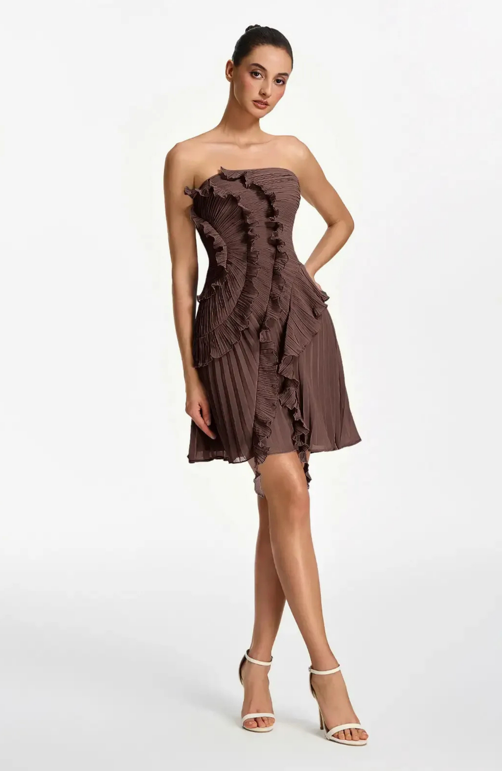 Vestido Corto Palabra de Honor Plisado con Volantes