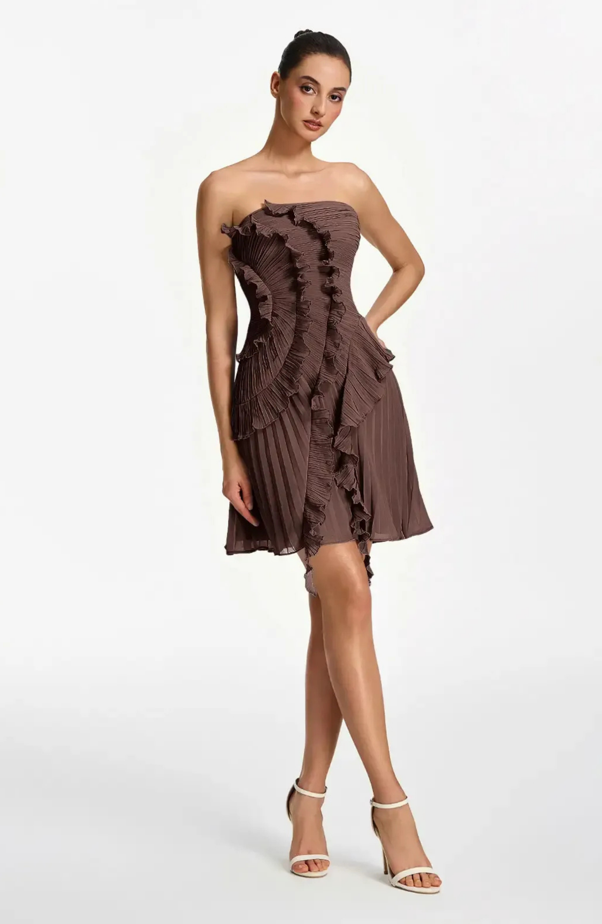 Vestido Corto Palabra de Honor Plisado con Volantes
