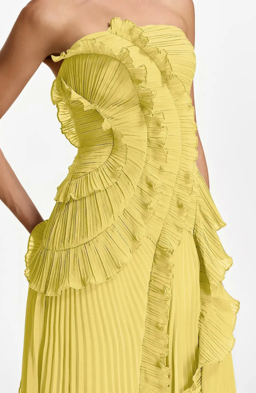 Vestido Largo de Invitada Palabra de Honor Plisado con Volantes