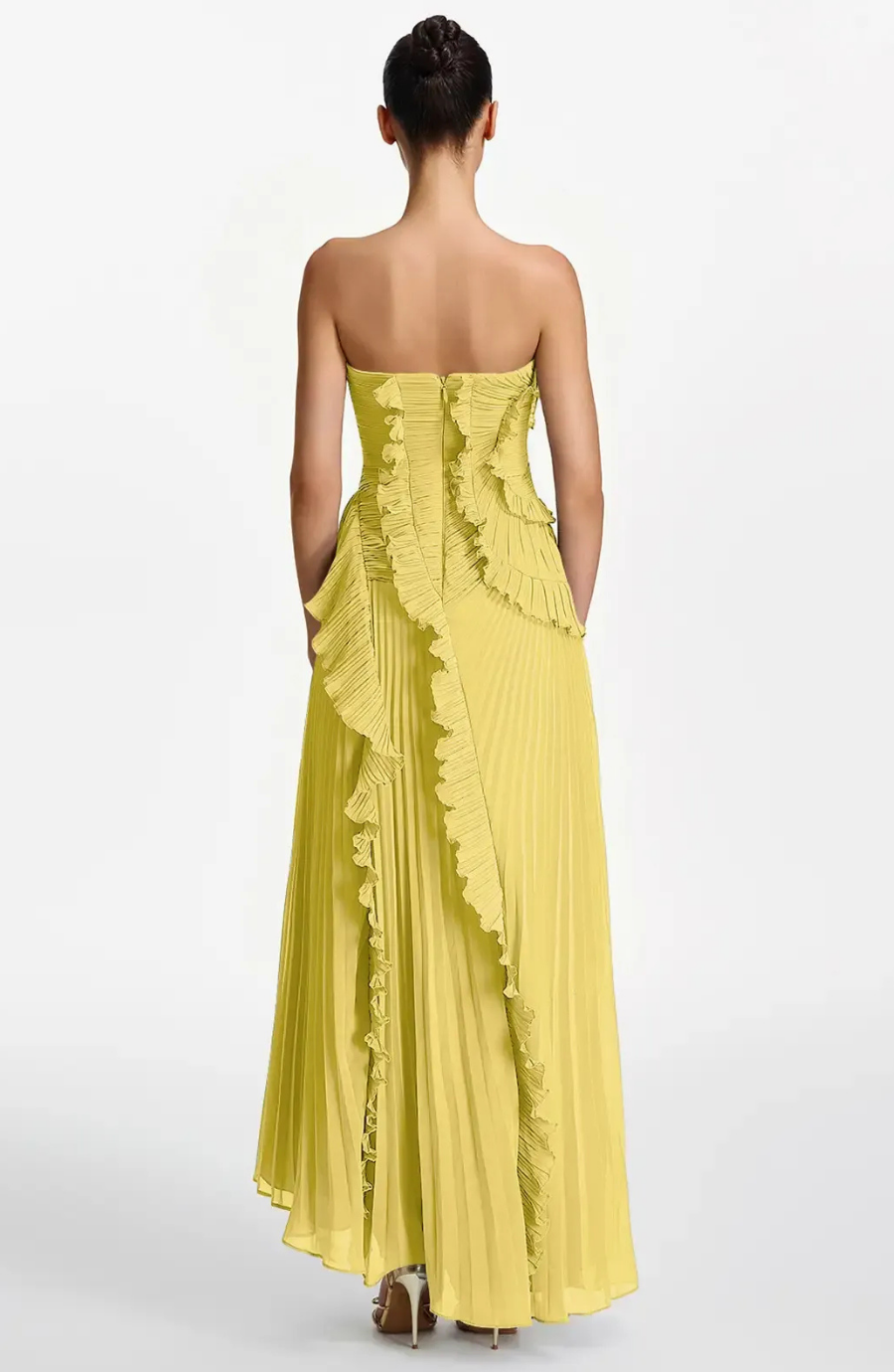 Vestido Largo de Invitada Palabra de Honor Plisado con Volantes