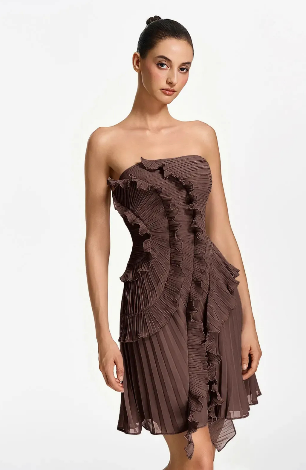 Vestido Corto Palabra de Honor Plisado con Volantes