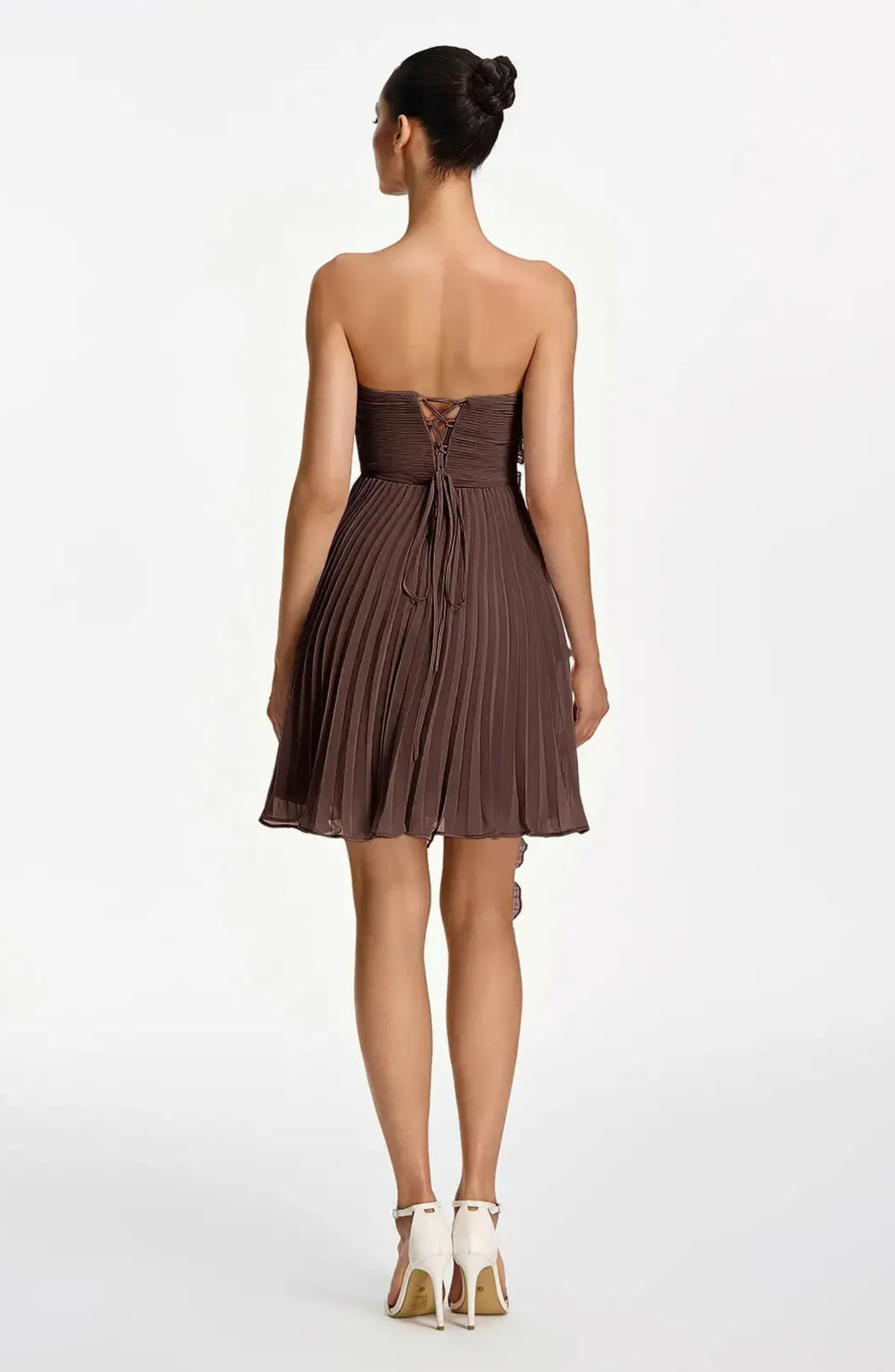 Vestido Corto Palabra de Honor Plisado con Volantes