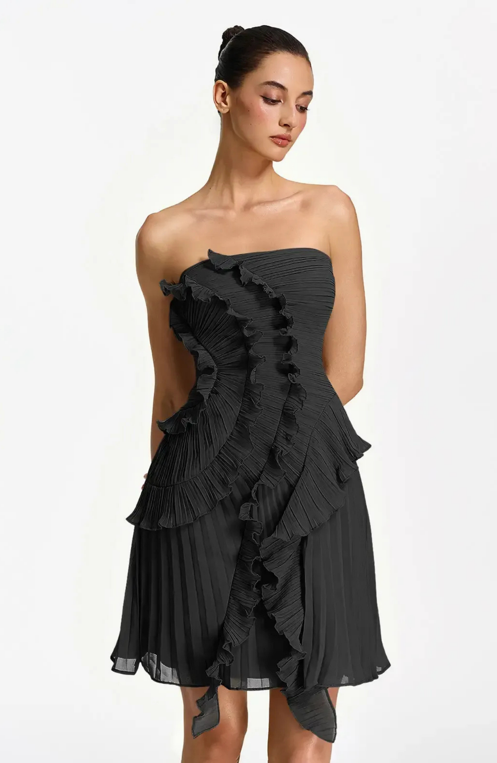 Vestido Corto Palabra de Honor Plisado con Volantes